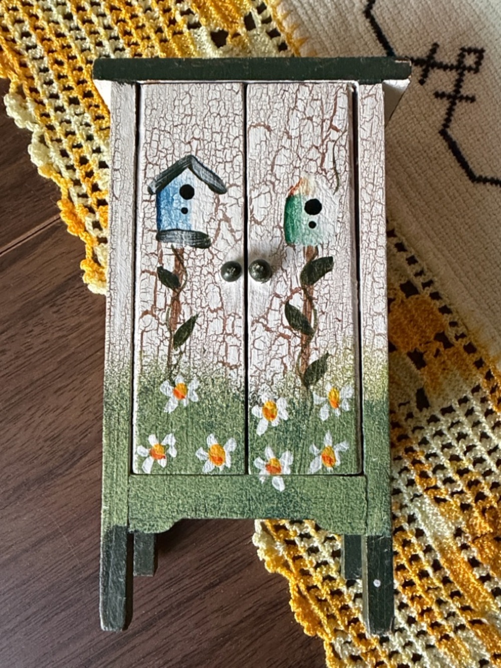 Hand-Painted Mini Wooden Cabinet with Birdhouse Motif